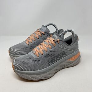 Hoka One One Bondi 7 Shoes Womens Size 7 Gray Orange Running Cushioned